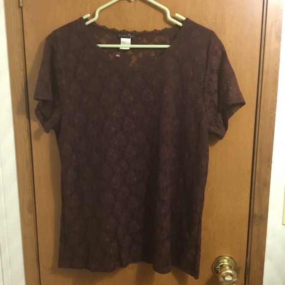 blooming rose Tops - Women’s Lace Overlay Short Sleeve Tee - Brown 2X